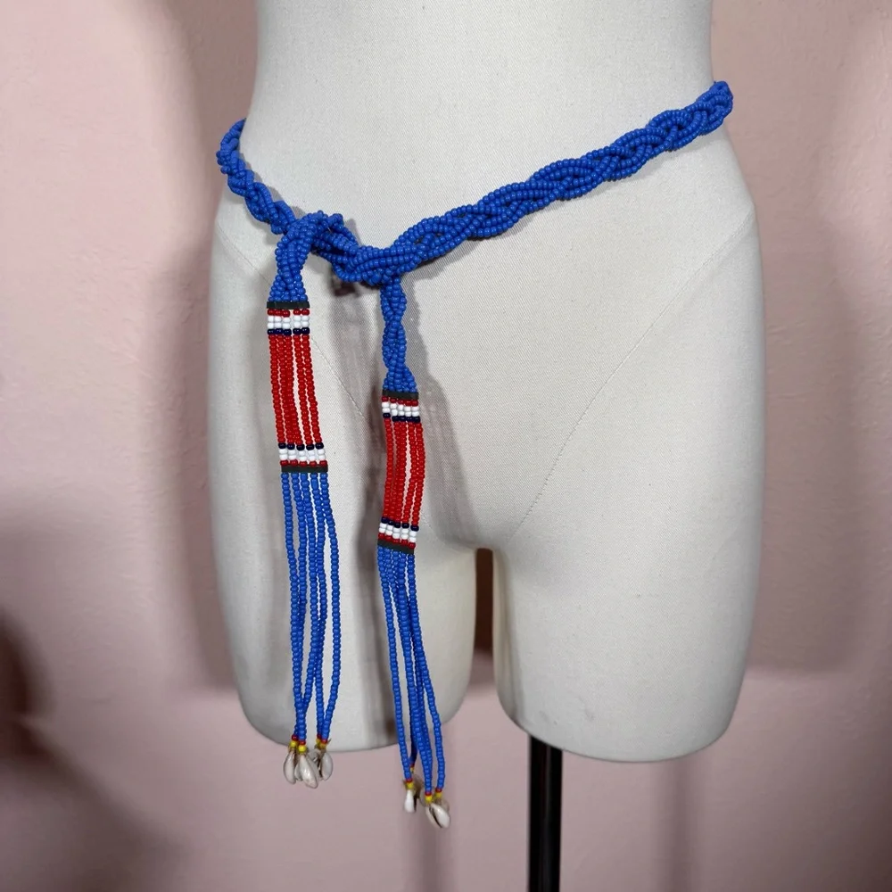Vintage southwestern red blue Beaded Belt necklace shell tassels adjustable